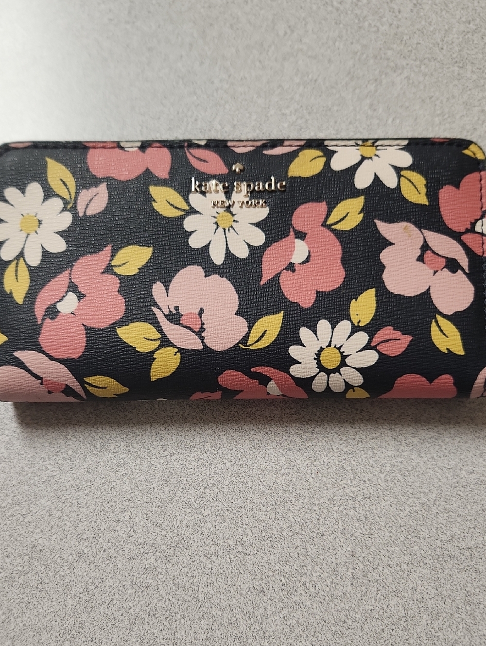 kate spade Black Floral Zip Wallet with Pink and Yellow Blooms